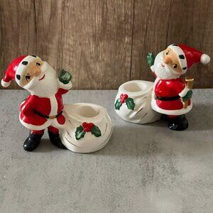 Holt Howard Santa Set of Two Hand Painted Candlestick Holders Vintage Dated 1958